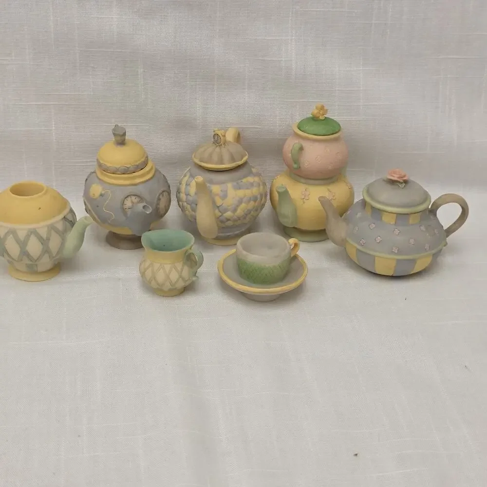 Russ Berrie Miniature Resin Teapot Tea Set Mixed Lot 8 Pc Dollhouse Fairy Garden